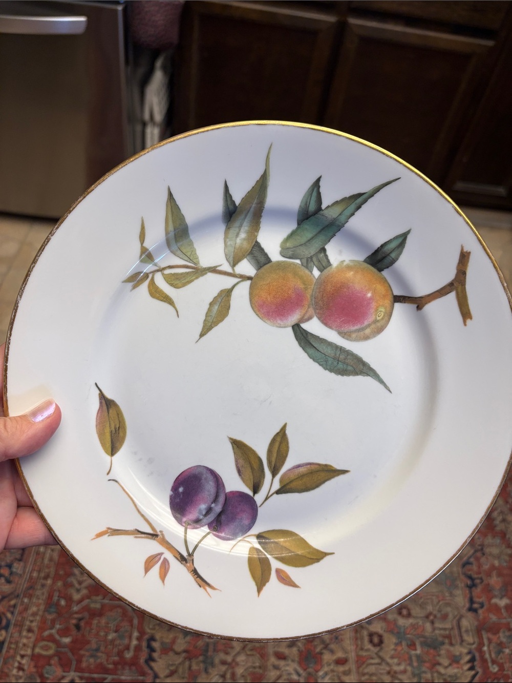 Royal Worcester Evesham Porcelain Dinner Plate with Fruit Motif and Gold Rim
